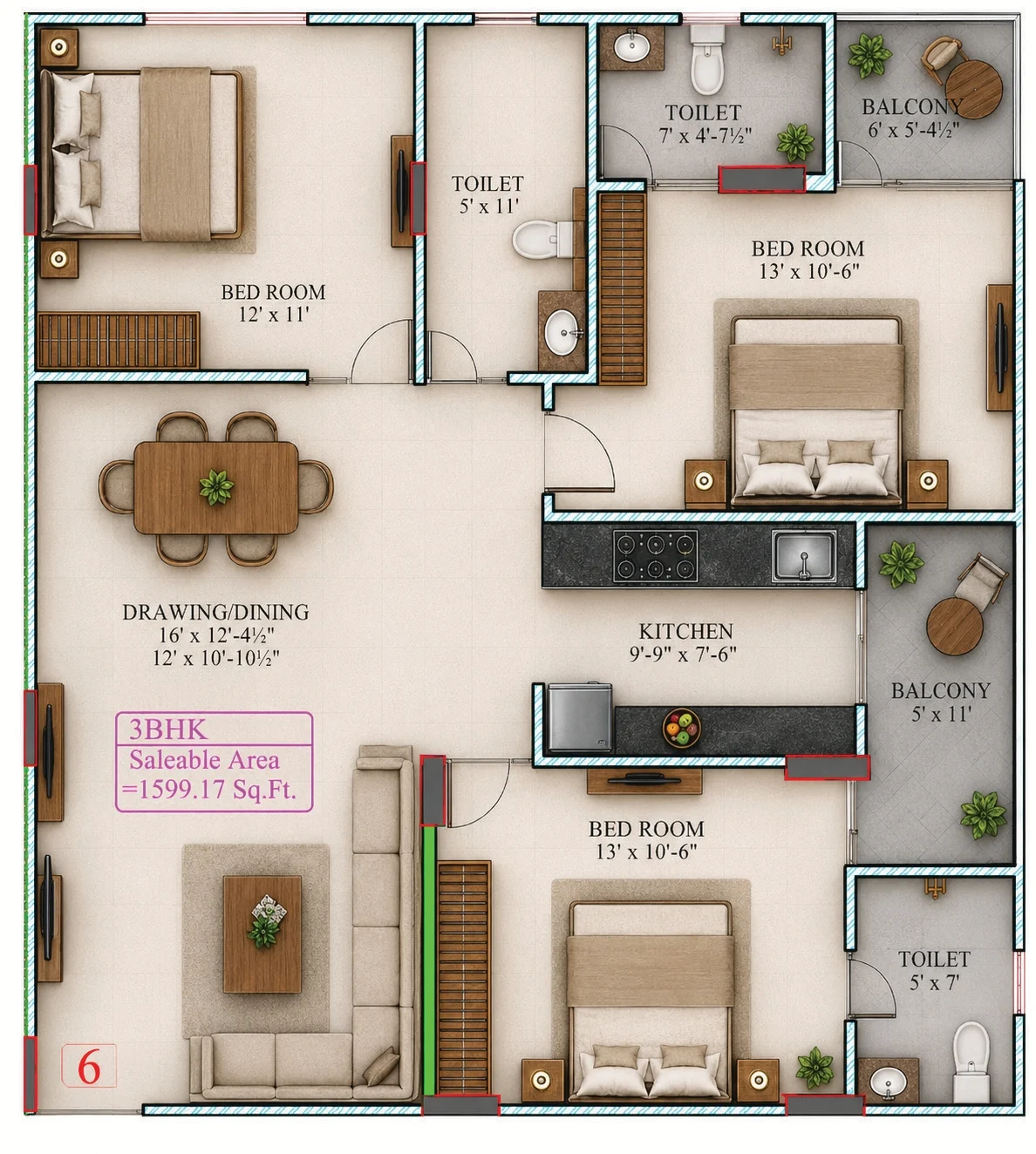 Unit 6 3 BHK floor plan