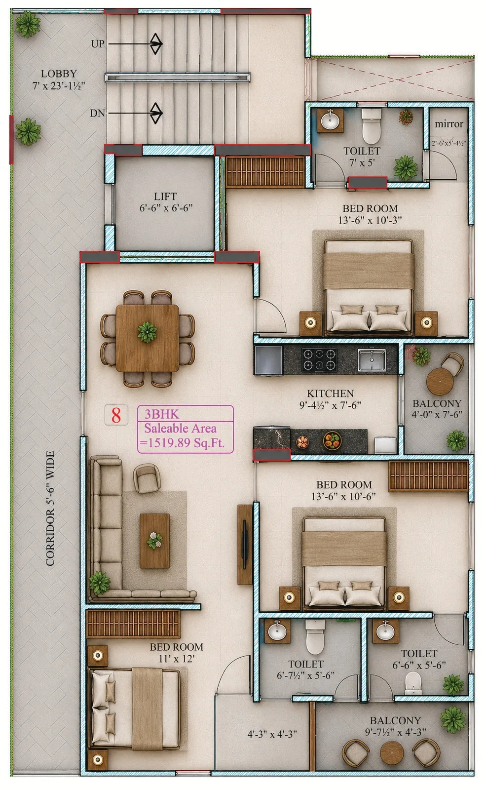 Unit 8 3 BHK floor plan
