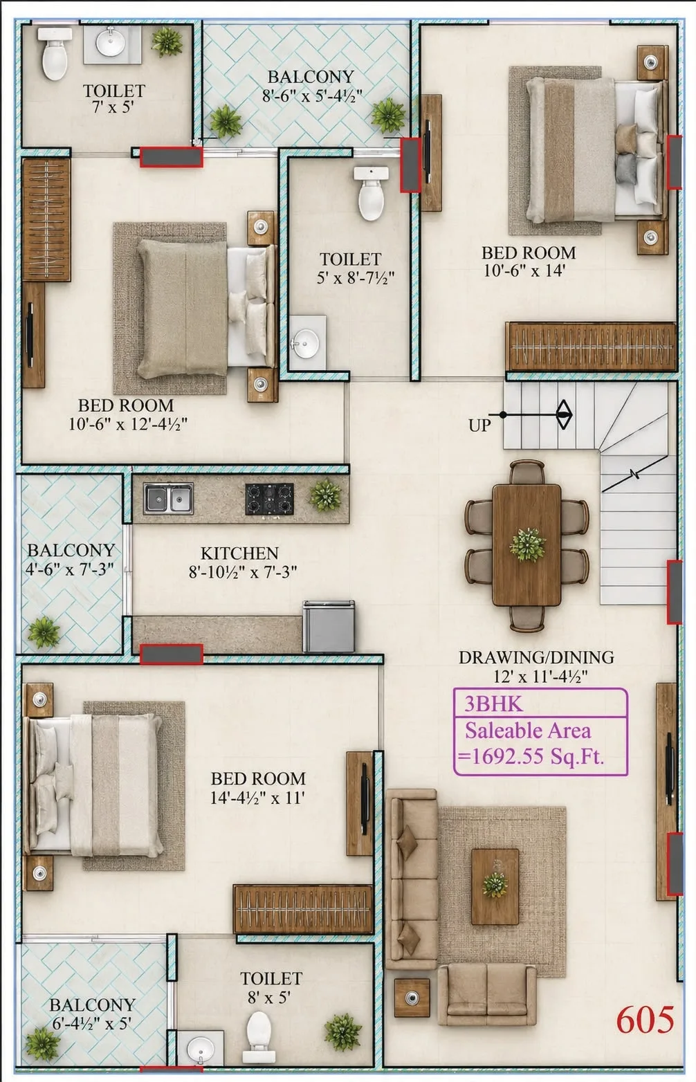 Unit 605 3 BHK floor plan